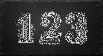 Ornate hand-drawn decorative numbers 1, 2, and 3 in chalk style on a dark background. 1 2 3 chalk