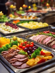 catering buffet food indoor in luxury restaurant with meat colorful fruits  and vegetables no logos no brands ar 34