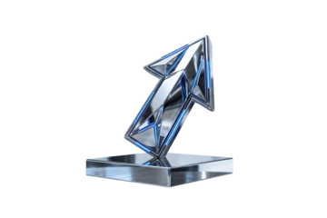 Dynamic 3D metallic arrow symbol with reflective blue accents, representing upward progress, business growth, and future achievement in a sleek, modern design