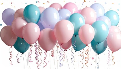 Obraz premium Festive pastel balloons with curling ribbons and falling confetti celebration.