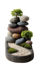 a miniature zen rock garden section clipart, gravel path theme, A visually serene arrangement of pebbles and small trees, symbolizing tranquility and natural beauty in a minimalist style.