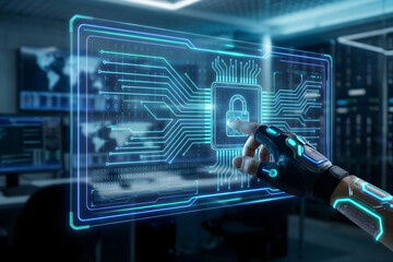 Robotic hand interacting with a holographic interface displaying a secure padlock, symbolizing advanced cybersecurity, data protection, and technological innovation in a futuristic server environment