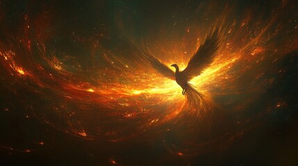 Cosmic Rebirth: A Luminous Phoenix Soaring Through a Nebula of Fire
