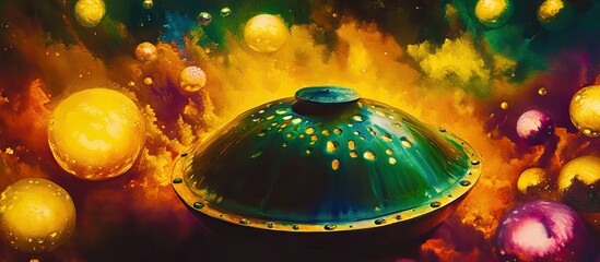 Cosmic Resonance: A Luminous Green Handpan Drifting in a Golden Nebula