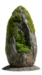 a mossedged stone in gravel base clipart, rustic garden element, A unique stone sculpture covered in vibrant moss and plants, symbolizing harmony between nature and art.