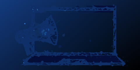 A dark blue illustration of a laptop with a megaphone emitting sound