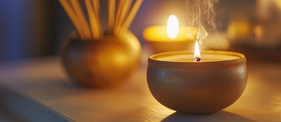 Cozy Ambiance: Lit Scented Candles and Diffuser with Delicate Smoke