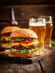 street food a big burger with glasses of light beer on a wooden background no logos no brands ar 34