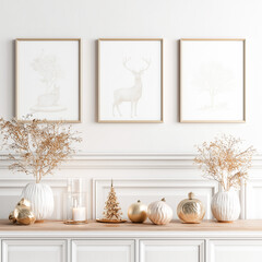 soft white holiday interior with minimalist wall prints