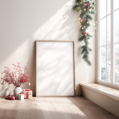 minimalist christmas wall art mockup with natural light and winter decor