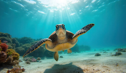 Obraz premium Wide-angle underwater shot of a graceful sea turtle swimming toward the camera above a sandy coral reef, with sunbeams streaming through the clear turquoise water from the surface.