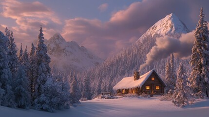 Cozy Cabin Glows in Snowy Mountain Landscape at Dusk, Warm Light, Winter Scene