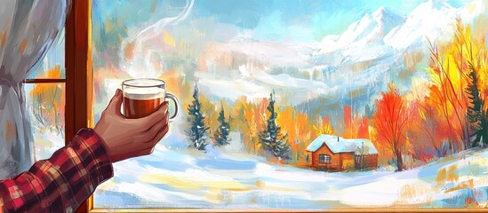 Cozy Cabin View: Hand Holding Mug, Snowy Mountain Landscape Painting