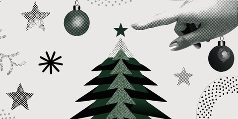 Festive christmas decorations including a tree ornaments and stars in a collage © Juel