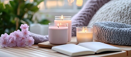 Cozy Candles, Flowers, and Book: Serene Ambiance of Relaxation and Comfort.