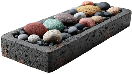 a rectangular slab surrounded by small pebbles clipart, A beautifully arranged composition of colorful stones on a textured surface, ideal for decorative purposes and natural aesthetics.