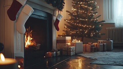Cozy Christmas Hearth and Tree: Warm Fire, Stockings, and Glowing Presents in a Festive Home