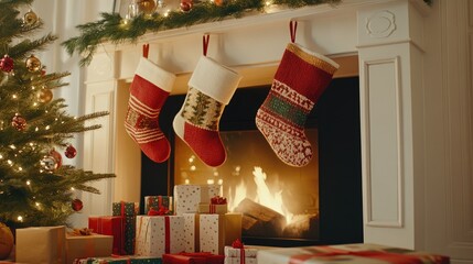 Cozy Christmas Hearth with Three Knitted Stockings and Glowing Firelight
