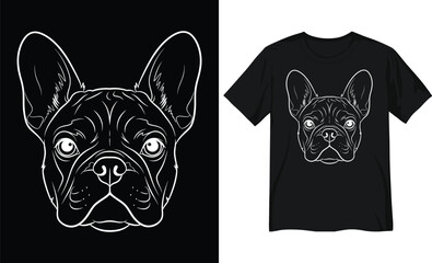 Detailed French Bulldog Head Outline Vector Illustration (White on Black)