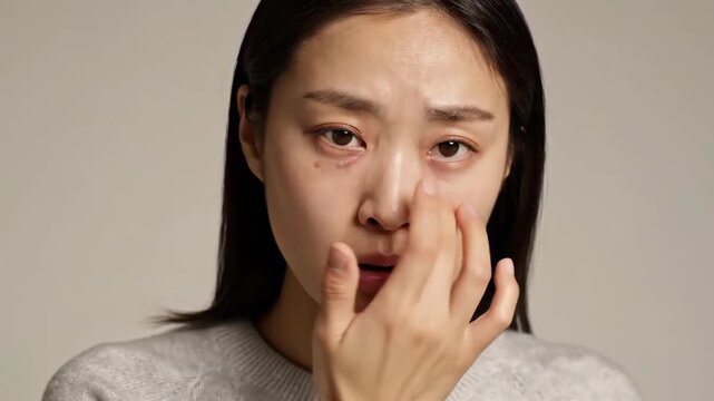 Expressive Woman Demonstrating Headache or Fatigue Symptoms in a Series of Emotional Facial