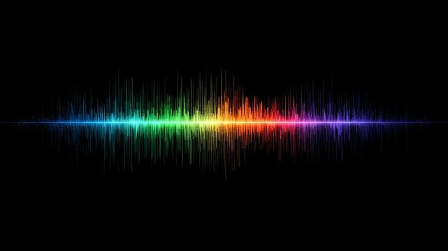Vibrant rainbow audio spectrum sound wave creating dynamic equalizer motion. powerful abstract visualization of music frequency and rhythm on dark background