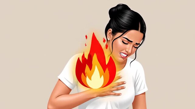 Expressive Woman Demonstrating Heartburn and Acid Reflux Symptoms with Chest Flames Illustration