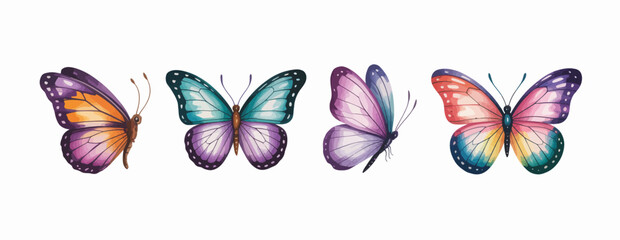 colorful butterflies watercolor isolated on white background, featuring pink, green, brown, and yellow butterflies, spring animal vector illustration perfect for greeting cards, posters, and decorativ