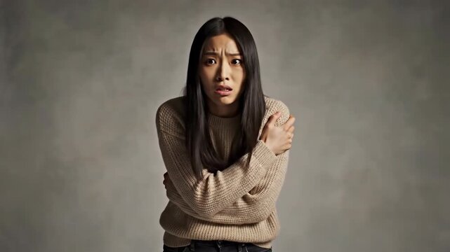 Expressive Woman Showing Fear Anxiety and Vulnerability in Studio Indoor Portraits