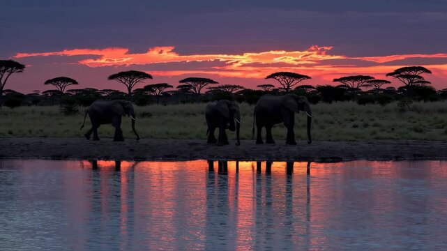 silhouette of majestic elephants walking near a waterhole at sunset, dramatic sky painted in orange, red and purple hues, reflections on calm water, acacia trees in the background