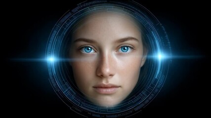 Futuristic digital portrait of young adult woman with glowing blue eye. This serene technology concept showcases future of innovation through an advanced interface, exploring biometrics - Powered by Adobe