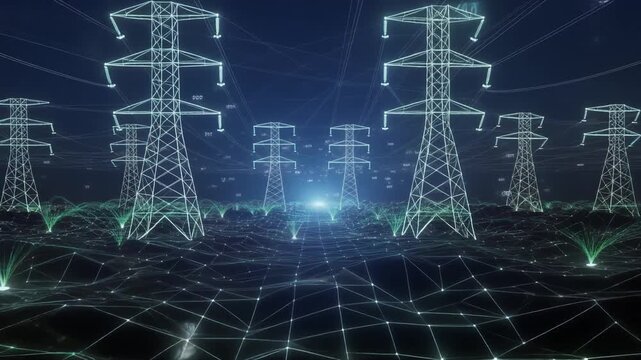 High voltage power lines over network of illuminated lines and data points in futuristic lan 
