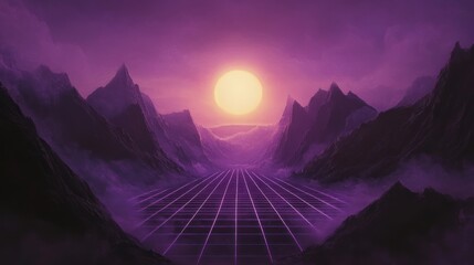 Retro sunset mountainscape, grid road, digital art, website banner