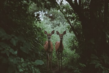 Two deer in a forest looking directly at the camera, surrounded by green foliage