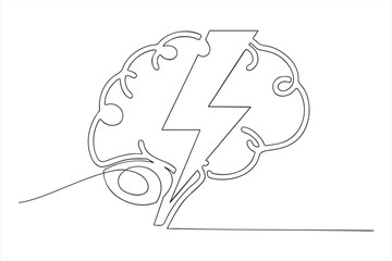 Continuous line drawing of a human brain with an embedded lightning bolt, signifying a powerful idea or mental strength