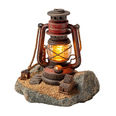a small lantern on gravel base clipart, outdoor path lighting element, A vintage lantern placed on a rock, radiating warm light, perfect for creating a cozy atmosphere in any setting.