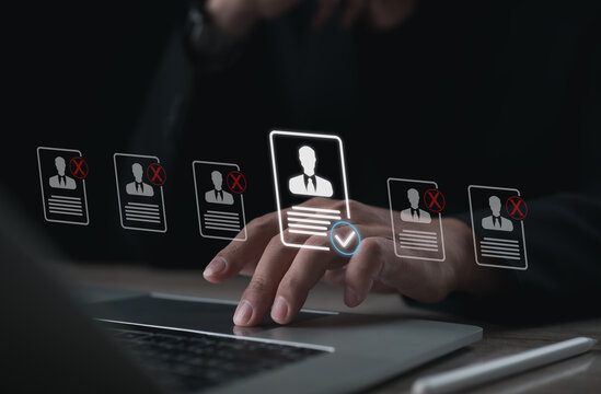 Digital recruitment interface showing candidate selection and resume screening process, representing human resources management, hiring decision, talent evaluation, and modern online recruitment syste