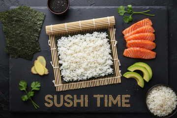 Artistically arranged sushi ingredients ready for preparation on a dark slate surface