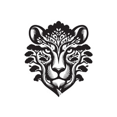 Cheetah Nature Fusion Logo Vector—Big Cat Head with Savanna Trees and Foliage, Black and White
