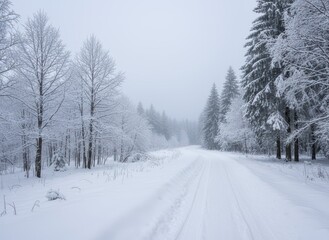 Obraz premium Winter Landscape with Snowy Trees and Foggy Road in Forest