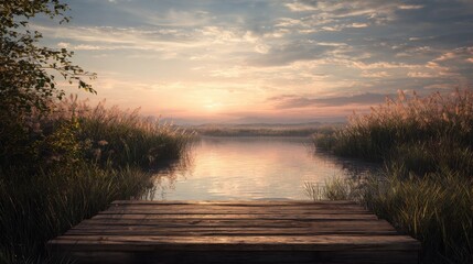 a blank canvas sits on a wooden dock by a serene lake surrounded by tall grass and a warm sunset glow reflecting on the water