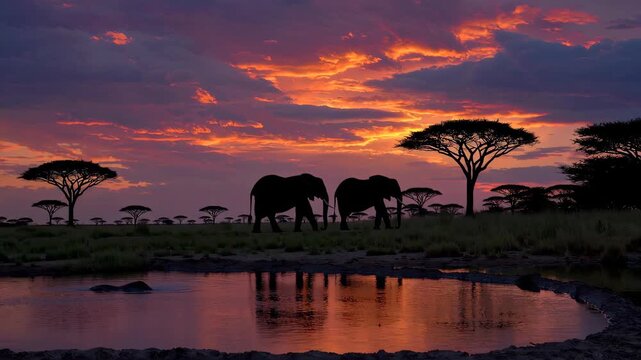 silhouette of majestic elephants walking near a waterhole at sunset, dramatic sky painted in orange, red and purple hues, reflections on calm water, acacia trees in the background