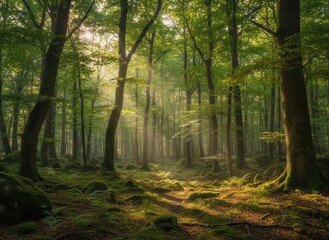 Fototapeta premium Serene Forest Scene with Sunlight Filtering Through Green Canopy