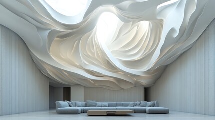 Sculptural white ceiling undulates over modern living space with sofa