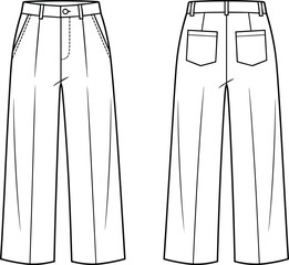Women's straight leg trousers technical flat vector illustration front and back view fashion apparel design template for clothing manufacturing production