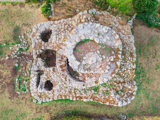 Aerial view of Nuraghe Santa Barbara ancient stone ruins. Macomer, Sardinia, Italy
