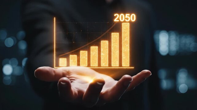 A person in a suit holding a glowing bar graph with a projected growth trend until 2050 in their hand 4k video