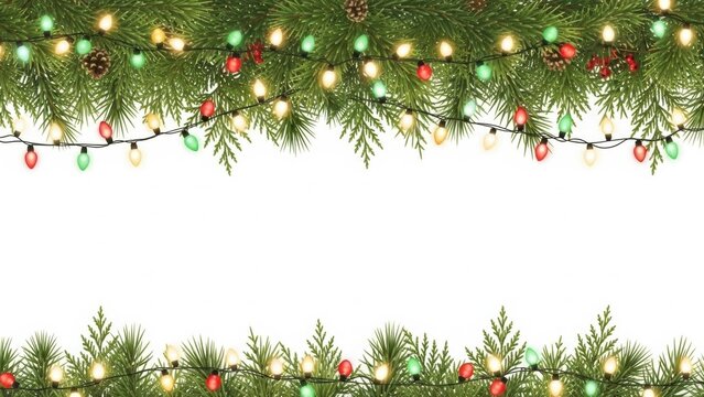 Seamless decorative christmas border with coniferous branches and garlands of christmas lights on transparent background