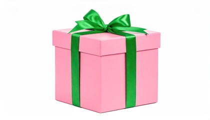 Obraz premium Pink gift box with green ribbon and bow isolated on white background.