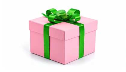 Obraz premium A beautifully wrapped pink gift box with a vibrant green ribbon and bow, perfect for celebrations.