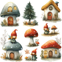 Christmas house in a snowy winter forest landscape illustration, holiday home scene vector